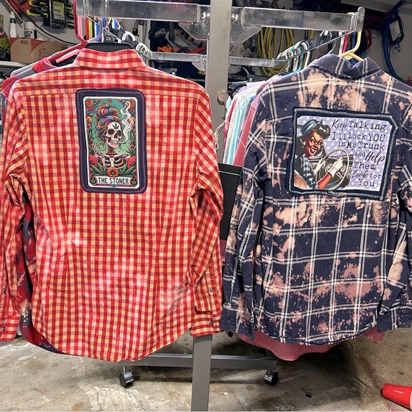 NEW CUSTOM REPURPOSED FLANNEL & cotton button up shirts VERY witty sayings - Picture 1 of 11